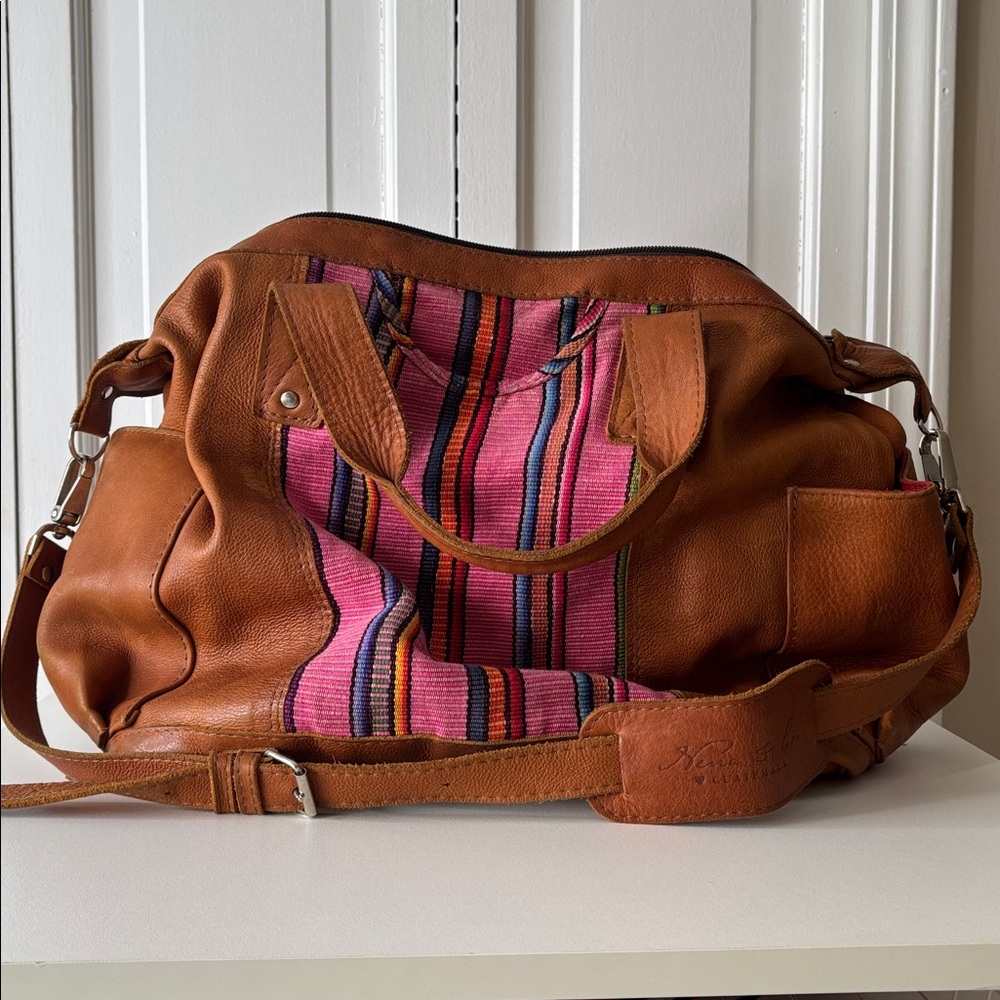Nena & Co. Brown Leather Travel Bag with Pink Multicolor Stripe Panel - Picture 11 of 11